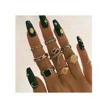 Viper Gold Altın Renkli Siyah Taşlı Vintage Bohem 9 Parça 9'lu Yüzük Seti Kırmızı