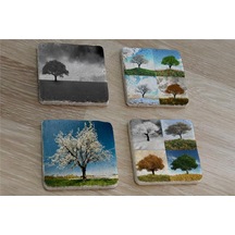 Dört Mevsim Ağaçlar Doğal Taş Bardak Altlığı 4'lü Set - Natural Stone Coasters - Taş Çok Renkli