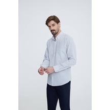 Erkek Beyaz Mavi Uzun Kol Regular Fit Yaka Düğmeli Gömlek Beyaz - Mavi