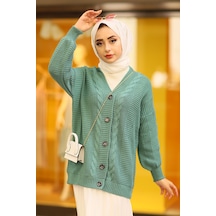 Oversize Kadın Tesettür Triko Hırka Su Yeşili Mint Yeşili