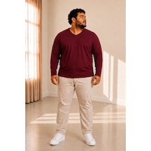 Sngl Tekstil Erkek Büyük Beden Oversize Uzun Kollu V Yaka T-shirt 3xl 4xl 5xl 6xl 7xl 8xl 9xl Bordo