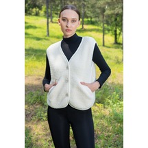 Yake Store Kadın Welsoft Etegı Oval Ceplı Yelek - Ecru Ekru