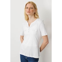 Kadın Açma Yaka Önü Cepli Pamuklu T-shirt Beyaz Beyaz