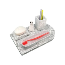 Betonmall 5 Parça Mermer Desenli Beton Banyo Seti Katı Sabunluk Diş Fırçalık Yüzüklük Sunum Tepsisi Siyah Beyaz Siyah - Beyaz
