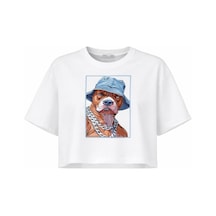 Kadın Beyaz Pitbull Baskılı Pamuklu Crop Tişört Beyaz