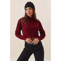 Yarım Balıkçı Yaka Saç Örgülü Kısa Crop Bordo Kazak Bordo