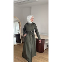 Esra Butik78 Kadın Düğmeli Trençkot Kendi Kumaşından Kemerli Model Haki