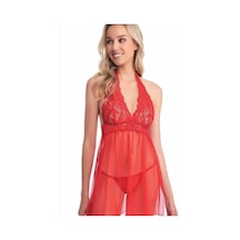Kadın Kırmızı Dantel Babydoll Gecelik Transparan Tül İç Giyim Takımı Açık Bej - Beyaz