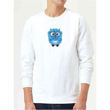Sevimli Mavi Baykuş Baskılı Beyaz Erkek Örme Sweatshirt
