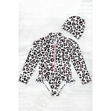 My Kids Wear Fırfır Detaylı Leopar Desen Boneli Kız Çocuk Mayo Kırmızı - Beyaz
