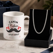 Bk Gift Kişiye Özel Babalar Günü Tasarımlı Beyaz Kupa & Gurmet Zincir Kolye -3, Babalar Günü Hediyesi Gümüş