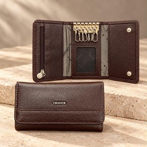 %100 Hakiki Deri 6 Kancalı Fermuarlı Çıt Çıt Kapamalı Anahtarlık 10,5 / 6,5 Cm Kahverengi