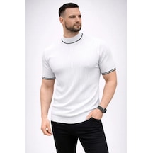 Epilons Zenda1125 Erkek Fitilli Triko Dokuma Kısa Kol Tişört Yarım Boğaz Modern Yazlık T-shirt - Beyaz Zenda478