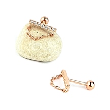 925ayar Gümüş Rose Zirkon Taşlı Zincirli Tragus Kıkırdak Piercing Altın
