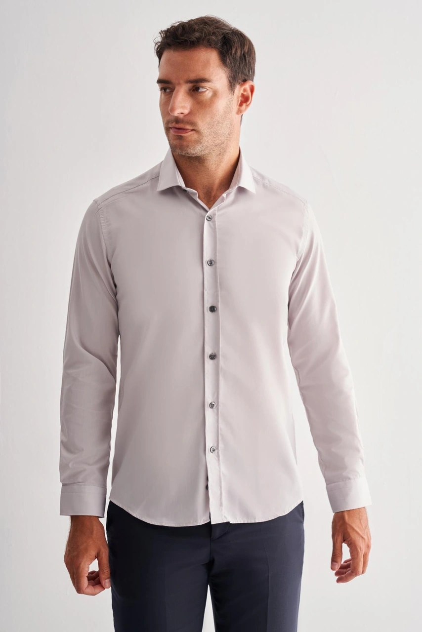 İmza Taş Rengi Yarım İtalyan Yaka Uzun Kol Easy To Iron Slim Fit Pamuklu Gömlek 1004255301 - Taş Rengi