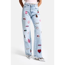 Itsbasic Kadın Ice 4s6-27 Straight Fit Logo Ve Nakışlı Özel Tasarım Denim Jean Buz Mavi