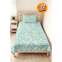 Evimde Bambaşka Mint Unicorn Gökkuşağı Kız Çocuk Pike Takımı-pastel Bulut Kalp Bebek Odası Yatak Örtüsü-160x220  CM