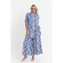 Schık Kadın Viskon Rahat Bol Paça Truvakar Kol Önü Düğme Baskılı Takım Saks