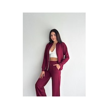 Winmoda34 Kadın Modal Kumaş Kolej Yaka Fermuarlı Cepli Bol Paça Takım Bordo