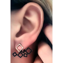Siyah Oniks Taşlı Gümüş Rose Modern Earcuff Cift Küpe