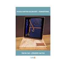 Lacivert Pusula Tasarım Deri Defter Metal Tükenmez Kalem Çok Renkli