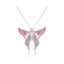 Gümüş Pembe Kelebek Kolye (189367074)