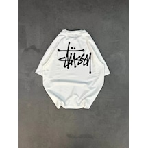 Unisex Günlük Stil Beyaz Minimal Geometrik Çizgili Oversize Tişör