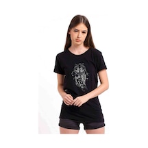 Dreamcatcher Wolf Düş Kapanı Kurt Baskılı Siyah Kadın Tshirt