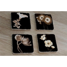 Siyah Zemin Lale Gerbera Ve Çiçekler Doğal Taş Bardak Altlığı 4'lü Set - Natural Stone Coasters - Taş Siyah