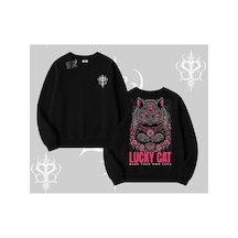 Tarzsokak Lucky Cat Japon Tarzı Kedi Baskılı Biskilet Sweatshirt Siyah