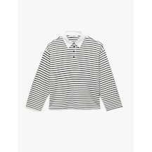 Koton Uzun Kollu Düğmeli Polo Yaka Çizgili Oversize Tişört Beyaz Çizgili 6wal10641ık Beyaz