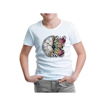 A Vintage Clock And A Colorful Butterfly Beyaz Çocuk Tshirt 001