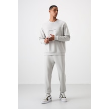 Tommy Life Taş Pamuklu Kalın Yumuşak Dokulu Comfort Fit Baskılı Erkek Eşofman Takım - 85253 Taş Rengi Taş