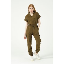Haki Likralı Scrubs Jogger Paça Doktor Hemşire Forması Yarasa Kol Takım Unisex