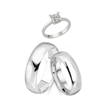 6 Mm Bombeli Gümüş Çift Alyans Söz Yüzüğü Tektaş Hediye Al30