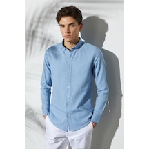 Tudors Erkek Slim Fit Dar Kesim %100 Pamuk Düğmeli Yaka Flam Keten Mavi Gömlek-50273