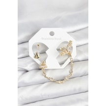 Pirinç Gold Renk Yıldızlı Model Zincir Bağlantılı Ear Cuff Küpe Seti Elk-bjtıeg Çok Renkli