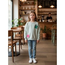 Kız Çocuk Pamuklu Tavşan Desenli İnce Uzun Kollu Sweatshirt-16335 Yeşil