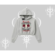 Kapşonlu Crop Sweatshirt Skull & Roses Vintage West Coast Rebellion Gri