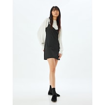 Koton Mini Elbise Fırfır Detaylı Uzun Kollu Dik Yaka Slim Fit Siyah Çizgili 5wal80010ık Siyah