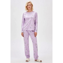Benerly Kadın Bisiklet Yaka Düşük Kol Göz Desenli Pijama Takımı Fonksiyon lila