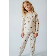 Breeze Kız Çocuk Pijama Takımı Kalp & Sevimli Oyuncak Ayıcık Desenli 4-8 Yaş, Bej Melanj