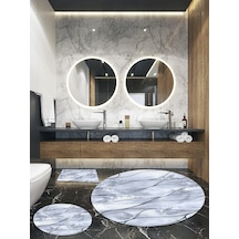 Okyanus - Mavi, Kaymaz, Organik Pamuk Taban Yuvarlak Banyo Hal...-100X100 - 60X60 - 40X60 Cm (3'Lü Set) Çok Renkli
