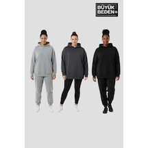 Süperlife Kadın Büyük Beden 3 Lü Set Kollar Ve Etek Ribanalı İnce Kapşonlu Swatshırt Spr26bswk957+3 Grey Mel-smoked-black