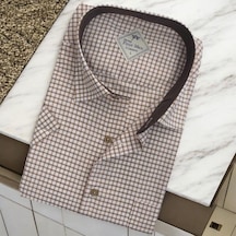 Linen Keten Klasik Kısa Kollu Kahverengi Çizgili Erkek Gömlek Regular Kalıp -10060 Kahverengi