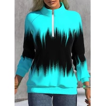 Sonbahar Ve Kış Kadın Ceket Kademeli Değişim Baskılı Yaka Fermuar Uzun Kollu Kış Tarzı Yarım Yüksek Yaka Hırka Ceket Kaban Gökyüzü Mavisi Gök Mavi