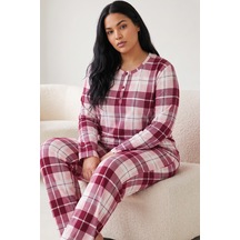 Siyah İnci Düğmeli Pamuklu Likralı Büyük Beden Battal Boy Örme Pijama Takım26240959 Vişne