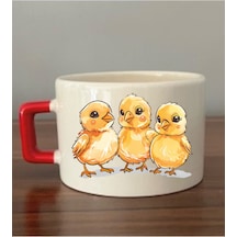 Civciv Baskılı Hediyelik Ürünler Kırmızı Kulplu Kupa Bardak - Seramik Çay, Kahve Hediyelik Bardağı Beyaz