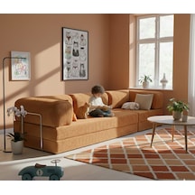 Herev 300x100 Köşe Koltuk Takımı / Yatak Olur / Yıkanabilir Fitilli Kadife Kumaşlı Turuncu