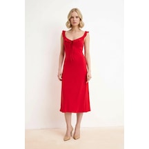 Benerly Kadın Maxi Bodycon V Yaka Kolsuz Volanlı Askılı Astarlı Esnek Örm Kırmızı